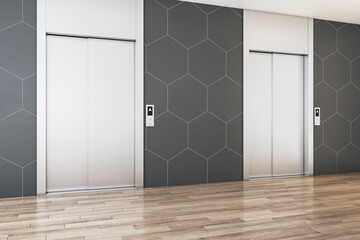 Modern office lobby interior with steel elevators, wooden flooring and tile wall. 3D Rendering.