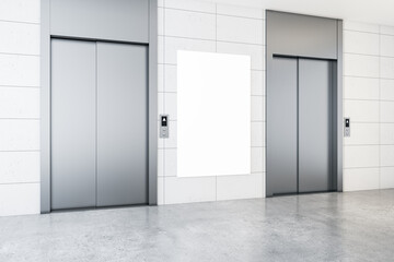 Modern office lobby interior with steel elevators, empty poster, concrete flooring and tile wall. Mock up, 3D Rendering. © Who is Danny