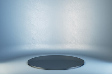 Empty round display on grey concrete background. Gallery exhibition concept. Mock up, 3D Rendering.