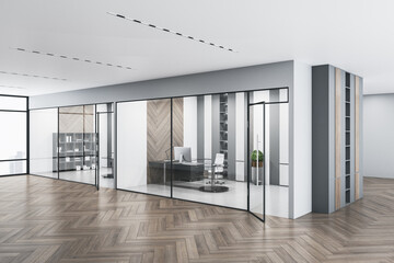 Contemporary concrete glass office interior with daylight and wooden flooring. Workplace design concept. 3D Rendering.