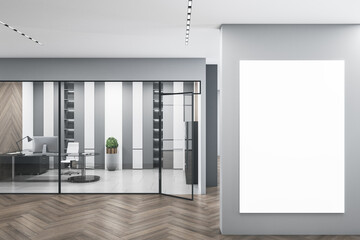 Obraz na płótnie Canvas Modern concrete glass office interior with empty mockup poster, daylight, equipment, and wooden flooring. Workplace design concept. 3D Rendering.