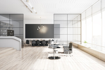 Modern meeting room interior with large table, wooden flooring, equipment, glass windows and sunlight. 3D Rendering.