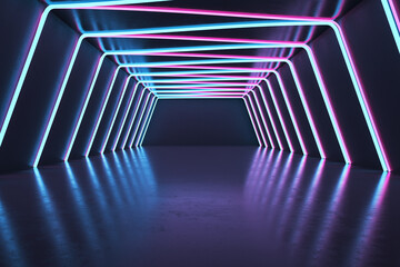 Dark futuristic interior with neon lights. Design concept. 3D Rendering.