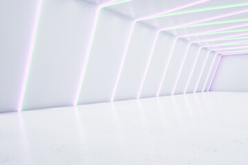 White futuristic room interior with neon lights. Design concept. 3D Rendering.