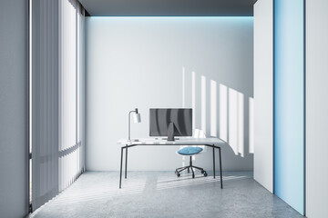 Modern light grey home office workplace with daylight. 3D Rendering.