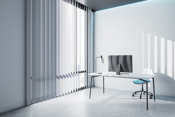 Contemporary light grey home office workplace with daylight. 3D Rendering.