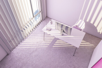 Minimalistic light pink home office workplace with daylight. 3D Rendering.