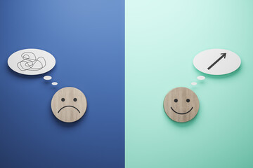 Abstract mood smileys on colorful background. Service rating concept. 3D Rendering.