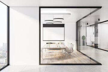 Contemporary glass meeting room interior with furniture, equipment, empty mock up presentation posters and window with city view. 3D Rendering.