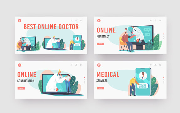 Online Medicine Service Landing Page Template Set. Patients Characters Use Distant Doctor Consultation via Internet
