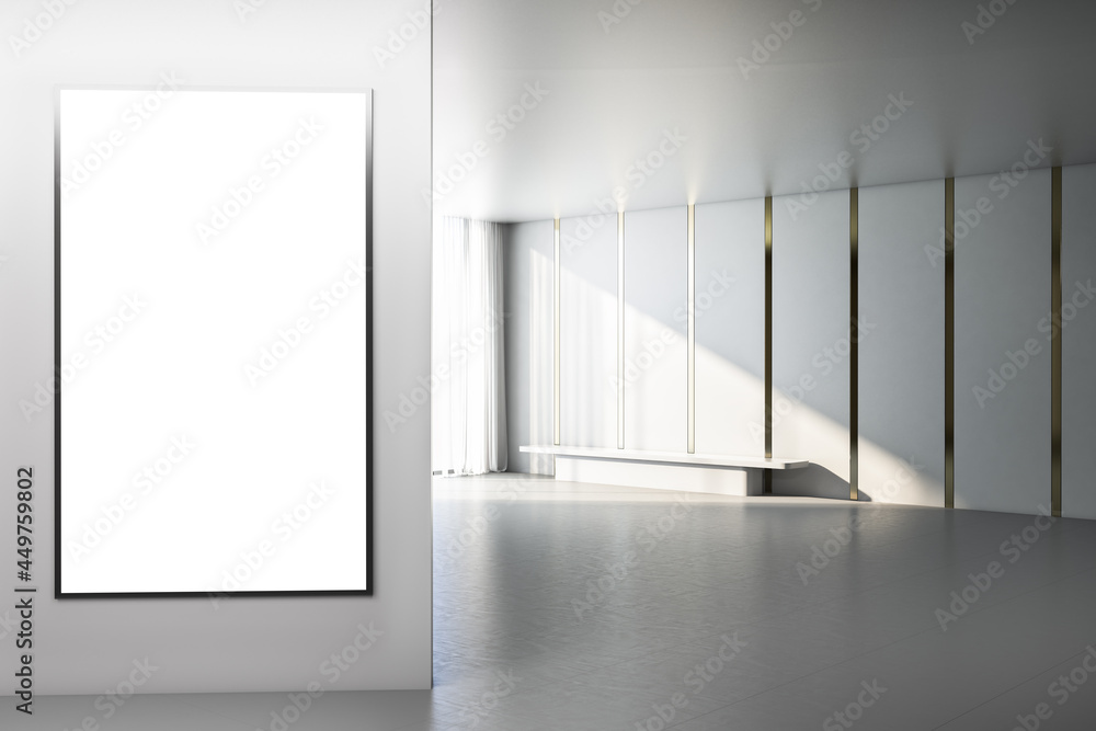 Poster modern bright concrete interior with empty white mock up banner on wall, bench and window with city 