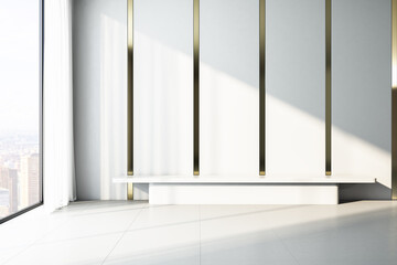 Minimalistic bright concrete interior with bench and window with city view. Gallery concept. 3D Rendering.