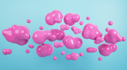 Abstract pink bubbles on blue wall background. Design and exhibition concept. 3D Rendering.