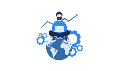 The businessman with a laptop is sitting on the Earth. Graphic arrows and wheels are in the background of this flat vector illustration.