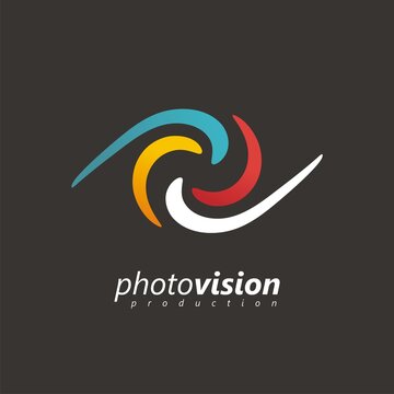 Logo design idea for photo studio with abstract colorful eye shape. Logo template for photography brand, video production or photographer.  Clean and modern style logotype.