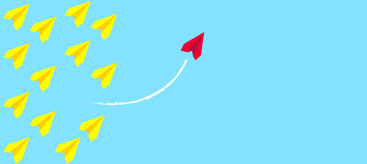 Obraz premium Paper airplanes on a blue background, business concept. red plane in different directions. another business failure in different ways. leadership concept. Vector design EPS 10.