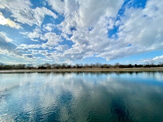 blue sky reflected in water