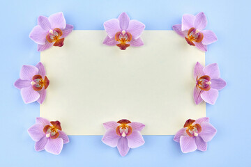 Blank paper with orchids on a blue background.