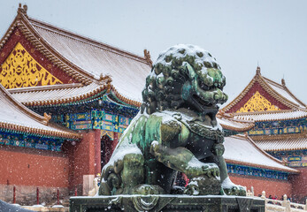 Lion statue in front of Supreme Harmony gate in Forbidden City, Beijing city, China
