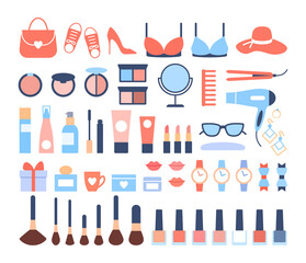 Women accessories icons set on white background. Beautiful woman objects for casual fashion trendy look. Lipstick shoes clothing bra cosmetic watch nail polish perfume. Color flat vector illustration.