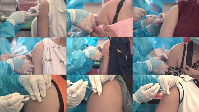 Close-up of medical nurse injects a dose of vaccine into the arm of patient, corona virus, covid 19 outbreak epidemic.