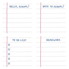 Vector set of sticker notes with 1 September and back to school theme. Lists with handwritten lettering. Cute sticker notepads: ruled paper, to do list, notes, tasks.