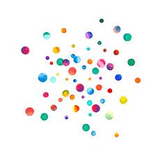 Watercolor confetti on white background. Actual rainbow colored dots. Happy celebration square colorful bright card. Amazing hand painted confetti.