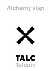 Alchemy Alphabet: TALC (Talcum), soft clayey transparent mineral, incl. mica. Hydrated Magnesium silicate: Chemical formula=[Mg₃Si₄O₁₀(OH)₂]. Alchemical sign, Medieval symbol.