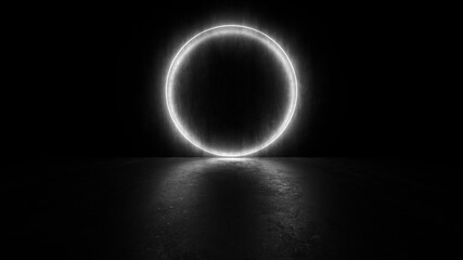 Obraz premium A dark hall lit by white neon lights. Reflections on the floor and walls. 3d rendering image.