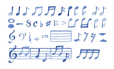Watercolor Music Notes for Piano. Hand painted doodle illustrated. Big set. Blue Color on white background