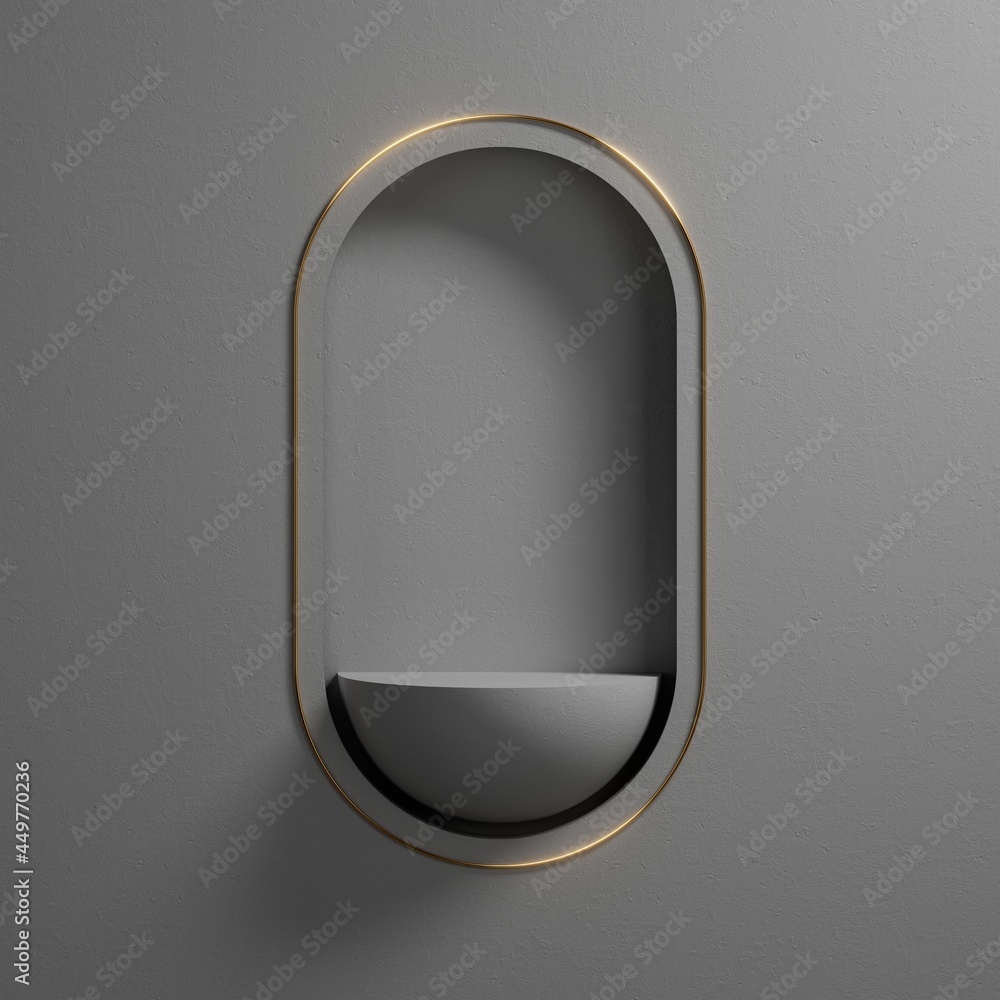 Poster 3d render, abstract grey geometric background with oval niche and golden frame. modern minimal showc