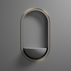 3d render, abstract grey geometric background with oval niche and golden frame. Modern minimal showcase scene in art deco style, with empty hemisphere shelf for product presentation