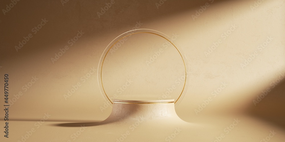 Poster 3d render, abstract beige background with empty cylinder podium and golden round frame. modern minim