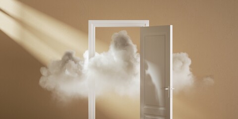 3d render. White cloud flying through the open door, isolated on beige background. Abstract metaphor, modern minimal concept. Surreal dream scene