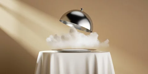 Gordijnen 3d render. Abstract restaurant dish presentation. Metallic plate with the white cloud, is placed on the table with the white tablecloth, isolated on beige background © NeoLeo