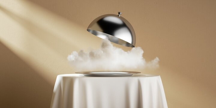 3d render. Abstract restaurant dish presentation. Metallic plate with the white cloud, is placed on the table with the white tablecloth, isolated on beige background
