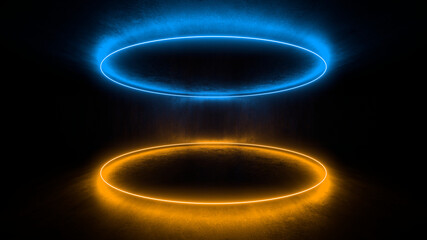 Sci Fy neon lamps in a dark hall. Reflections on the floor and walls. 3d rendering image.