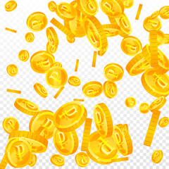 Russian ruble coins falling. Dramatic scattered RUB coins. Russia money. Fascinating jackpot, wealth or success concept. Vector illustration.