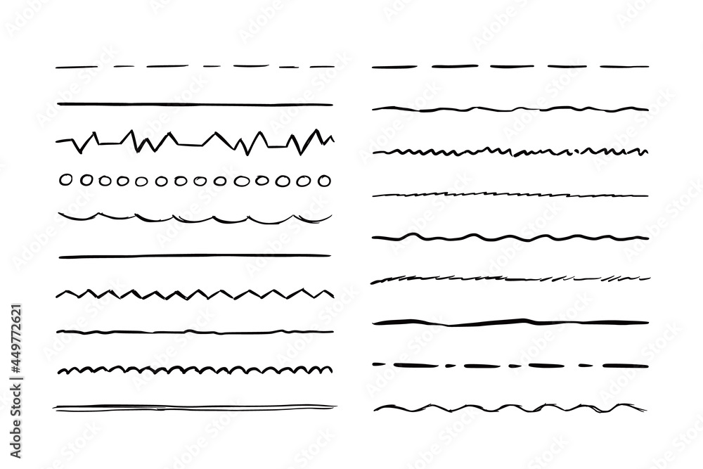 Poster hand drawn line set. sketch scribble pencil stroke style. horizontal wave and zigzag doodle line. ve