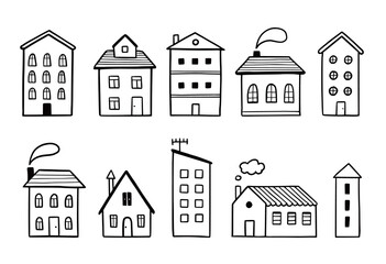 House doodle set. Hand drawn sketch style. House building with roof. Vector illustration for home icon, village, city element.