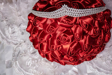 Red Satin Rose Wedding Bouquet with Diamond Tiara on Wedding Veil and Mother of Pearl