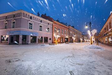 Poland, Subcarpathia, Rzeszow, Old town at dusk in winter