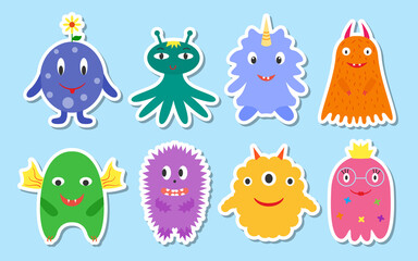 Monsters are multicolored sticker set, kind smiling with horns and wings, smooth and fluffy, with a crown and flowers. A collection of cute funny characters. Design element. Vector flat illustration