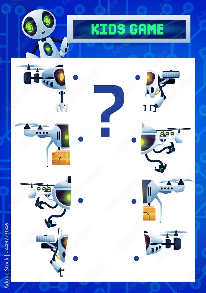Leinwandbilder Find a half kids riddle game, cartoon robots match the pieces vector test with flying cyborgs, drones and ai droids. Educational task for children logic activity, logical mind development worksheet