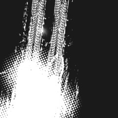 Car tire grungy tracks, vehicle wheel marks background. Tyre rubber trails, off-road car dirty treads. Motorsport or transport grunge vector background with truck protector treads and halftone pattern © Vector Tradition