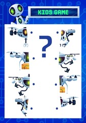 Find a half kids riddle game, cartoon robots match the pieces vector test with flying cyborgs, drones and ai droids. Educational task for children logic activity, logical mind development worksheet