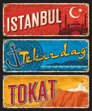 Istanbul, Tekirdag and Tokat Turkey il, provinces plates, vintage vector banners of touristic Turkish landmarks. Retro grunge boards, aged travel destination signs, postcards, signboards plaques set