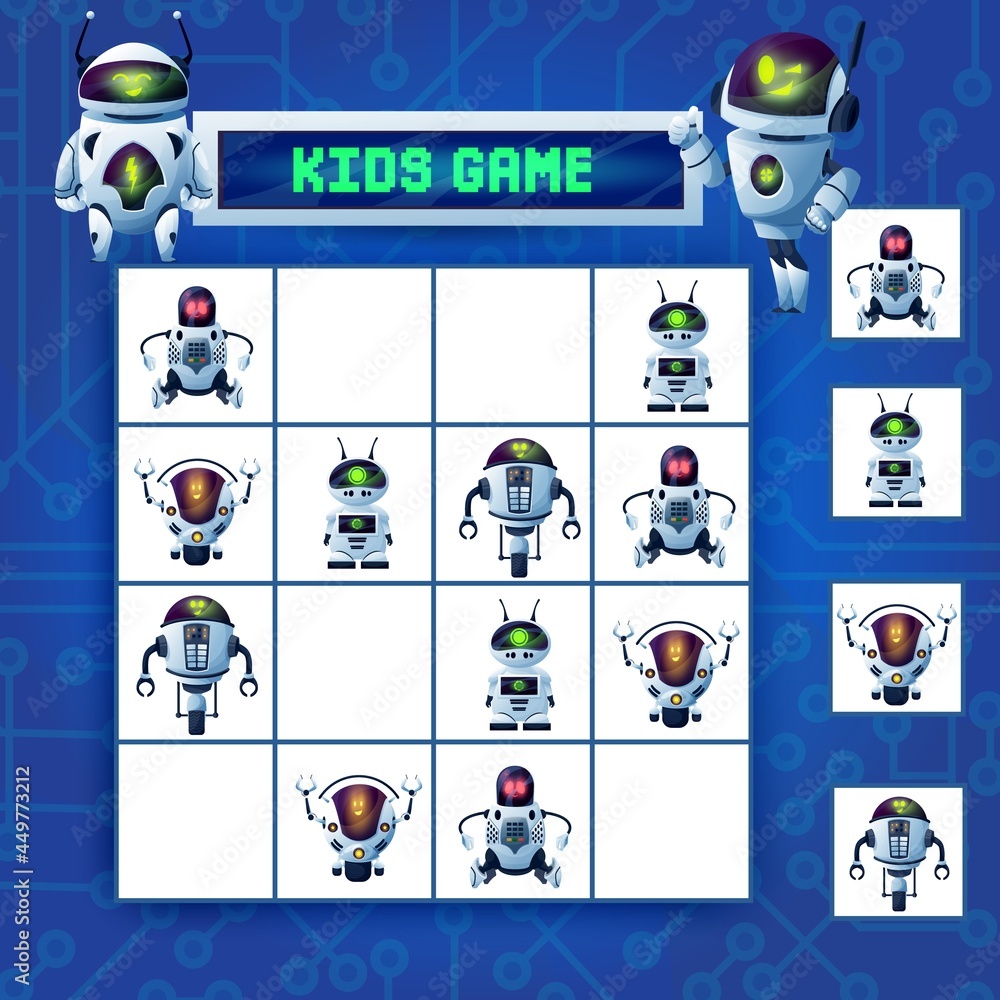Leinwandbilder Kids sudoku maze game, cartoon robots vector riddle with ai cyborgs, humanoids, drones and androids characters on chequered board. Children logic puzzle for leisure recreation, boardgame with cards