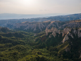 Aerial sunset view of Rozhen sand pyramids, Bulgaria