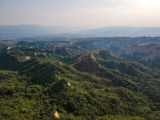 Fototapeta premium Aerial sunset view of Rozhen sand pyramids, Bulgaria